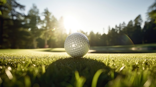 palla da golf al centro di un campo da golf erboso con il sole caldo