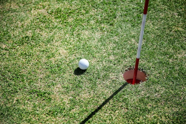 Palla da golf vicino al foro sul campo di erba verde.