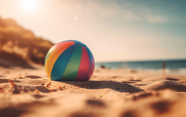 Palla da spiaggia colorata sulla sabbia vicino all'oceano generativa ai