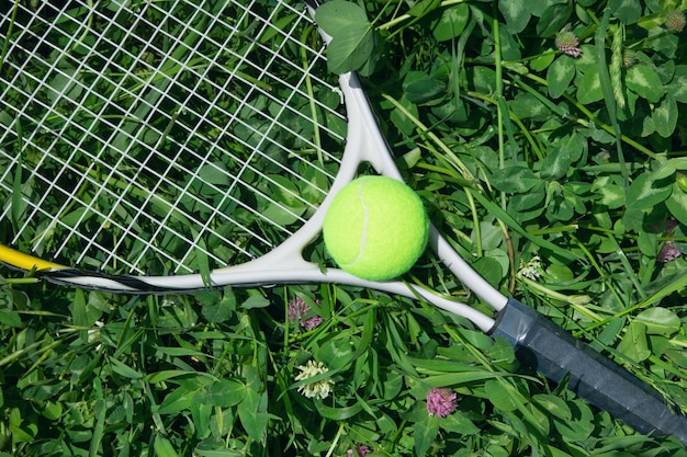 Palla da tennis e racchetta sullo sfondo verde erba