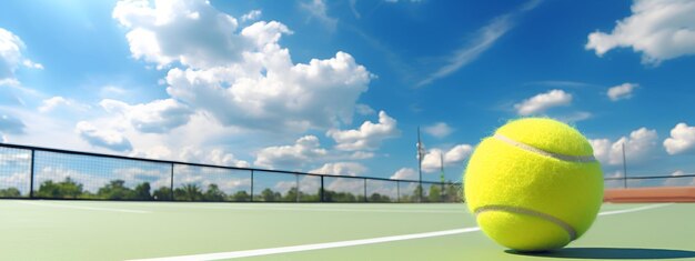 Palla da tennis sul campo da tennis e sullo sfondo di un cielo blu Torneo di tennis AI generato