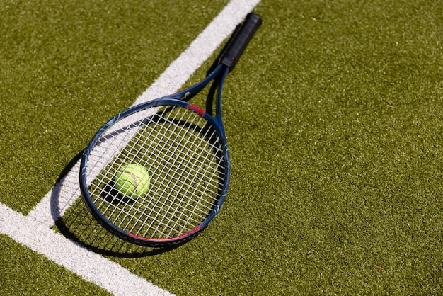 Palla da tennis sulla racchetta da tennis sdraiata sul soleggiato campo da tennis in erba all'aperto, con spazio per la copia. Estate, stile di vita sano, sport e hobby.