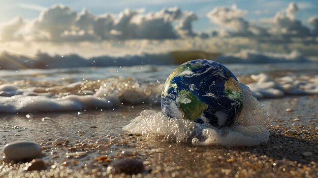 palla di cristallo sulla spiaggia con spruzzi d'acqua e cielo blu