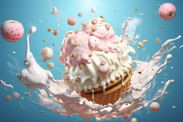Palla di gelato accompagnata da un'IA generativa Milk Splash