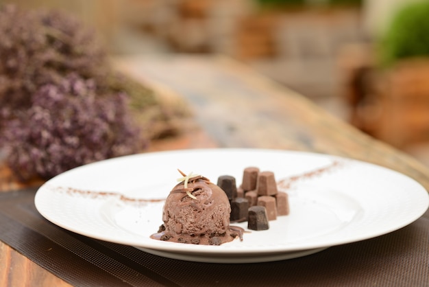 Palla di gelato al cioccolato con pezzi di cioccolato su un piatto bianco