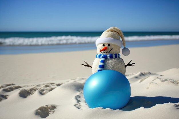 Palla di Natale blu con pupazzo di neve che indossa un cappello