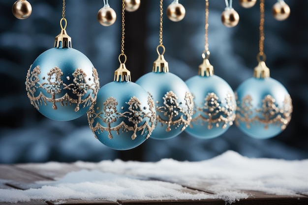 Palla di Natale blu sul paesaggio invernale