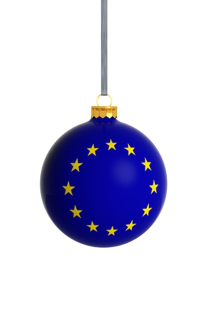 Palla di Natale con bandiera dell'Unione europea isolata su sfondo bianco