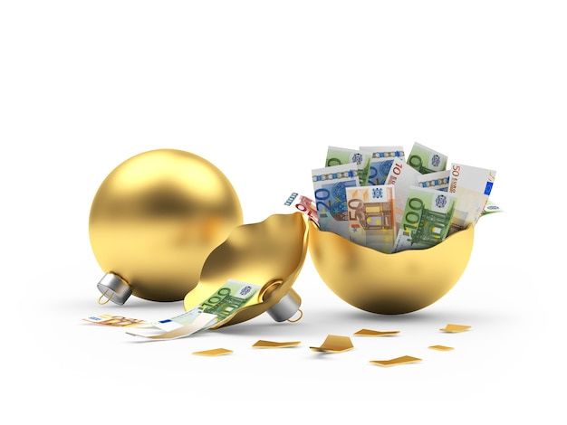 Palla di Natale d'oro intera e rotta piena di banconote in euro