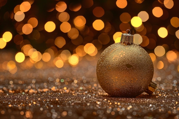 Palla di Natale dorata con luccioli close-up macro