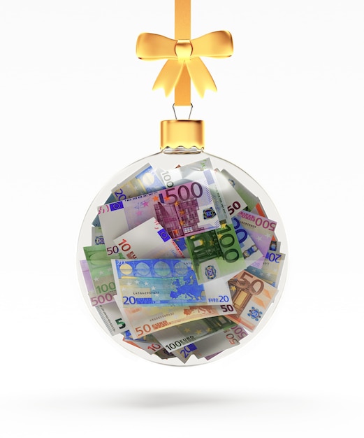 Palla di Natale piena di banconote in euro appese a un nastro