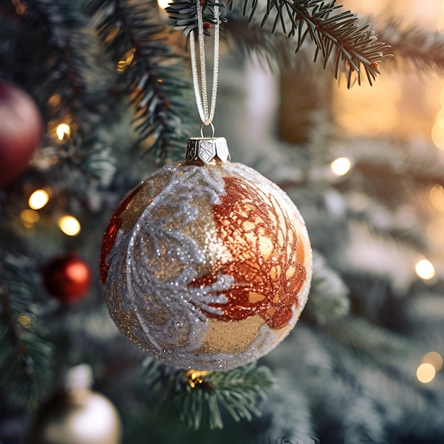 Palla di Natale su un primo piano del ramo dell'albero di Natale