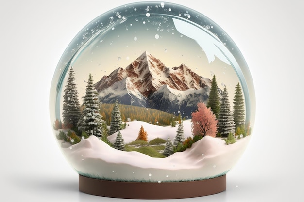 Palla di neve con paesaggio interno con casa in montagna e pini AI