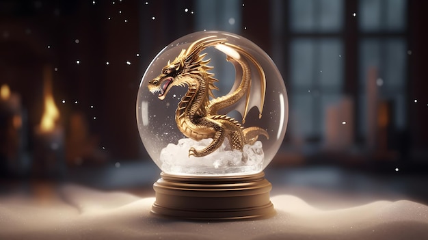 Palla di neve iperrealistica Golden Dragon Intricata scultura fantasy 8K con dettagli ultrarealistici