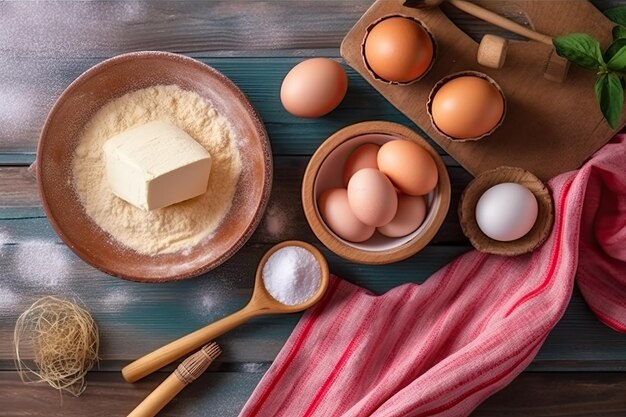 Palla di pasta e ingredienti farina acqua burro zucchero rabarbaro per cuocere su sfondo isolato