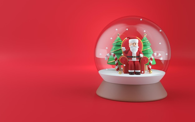 Palla di vetro di neve di Natale con rendering 3D di Babbo Natale