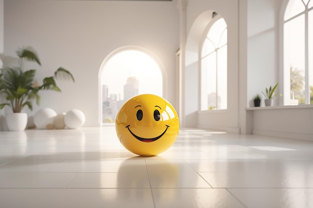 Palla gialla sorridente all'interno della stanza bianca nel rendering 3d