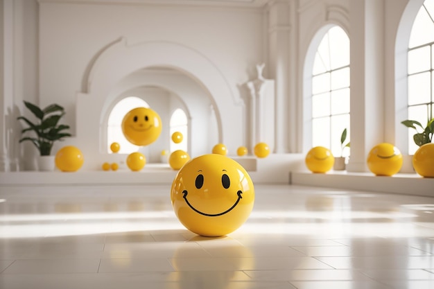 Palla gialla sorridente all'interno della stanza bianca nel rendering 3d