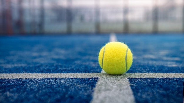 Palla gialla sul pavimento dietro la rete da paddle in campo blu all'aperto Padel tennis è un gioco di racchetta Concetto di sport professionale