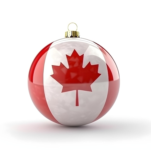 Palla giocattolo di Natale nei colori della bandiera canadese isolata su sfondo bianco