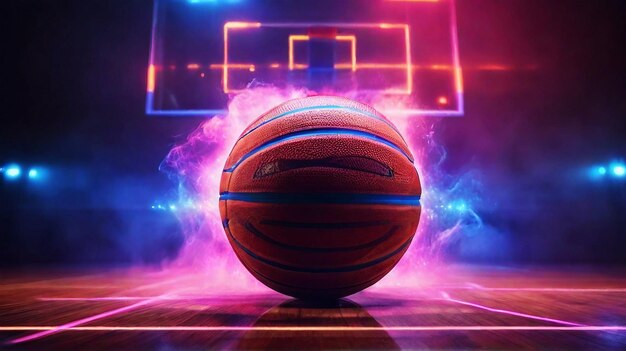 palla in un campo da gioco di basket testurizzato con centro centro campo di nebbia al neon