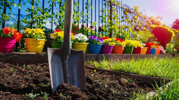 Palla piantata nel suolo di un giardino accanto a vasi di fiori