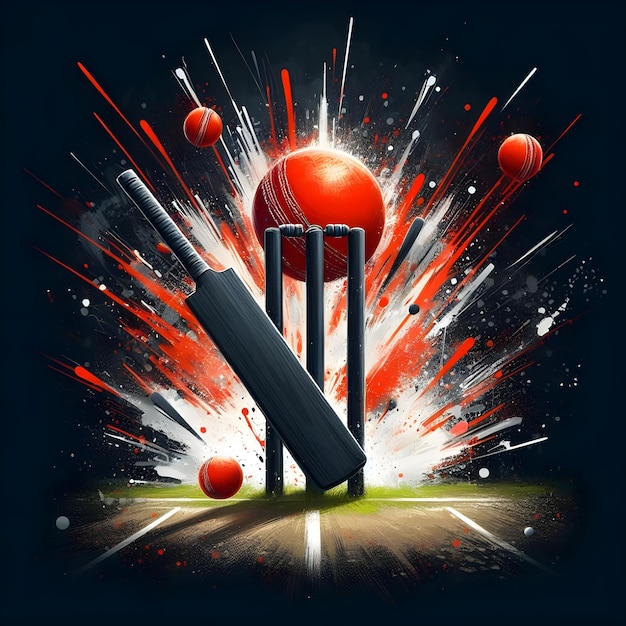 palla rossa che colpisce il wicket stumps con bat su nero astratto splash sfondo per la febbre del cricket