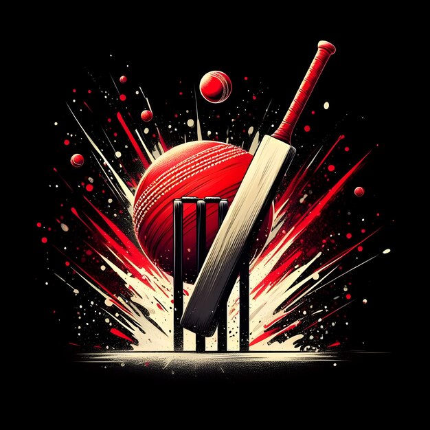 palla rossa che colpisce il wicket stumps con bat su nero astratto splash sfondo per la febbre del cricket