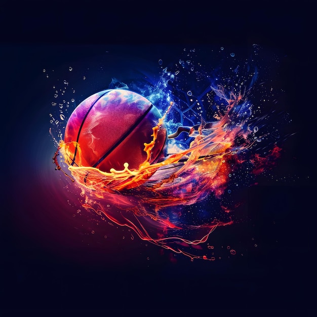 Palla sportiva dinamica 3D con effetti liquidi e di fuoco