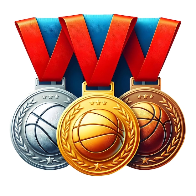 pallacanestro sportivo medaglia d'oro, d'argento e di bronzo premio di lusso con nastro illustrazione 3D vista anteriore