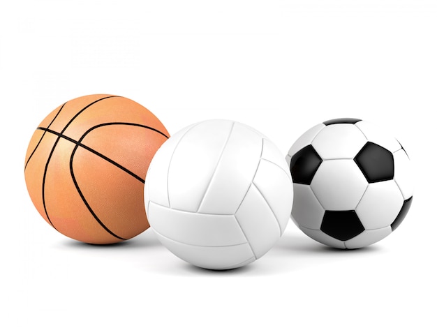 Pallavolo, pallone da calcio, pallacanestro, palle di sport isolate su fondo bianco, rappresentazione 3D