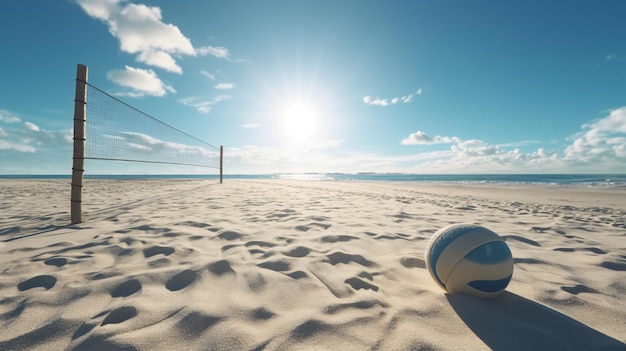 Pallavolo sulla spiaggia con un cielo blu e sole