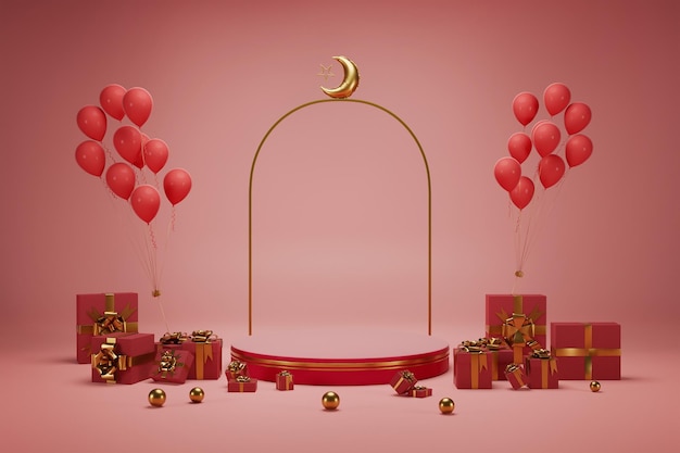 Palle d'oro da studio 3D Podio circolare a mezzaluna con scatole regalo su due lati e scena di palloncini rossi