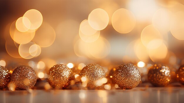 Palle d'oro di Natale su sfondo bokeh con spazio di copia