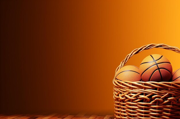 Palle da basket in un cesto di vimini su sfondo arancione