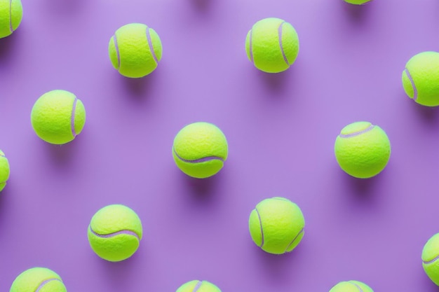 Palle da tennis colorate disposte in un disegno geometrico su uno sfondo viola vibrante con palle verdi al centro