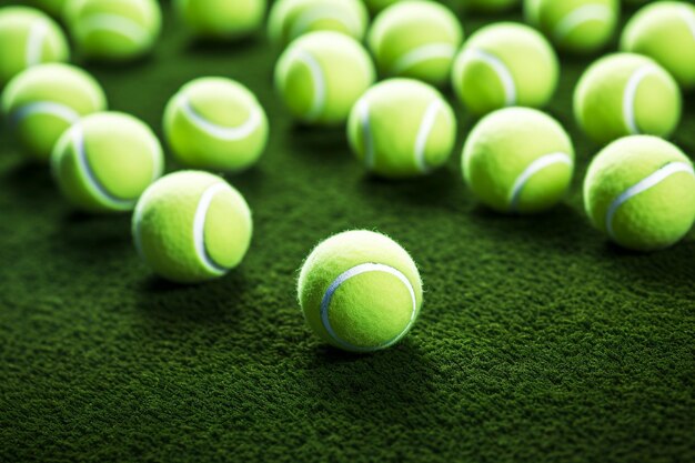Palle da tennis e racchetta su campo di erba sintetica verde Generative By Ai