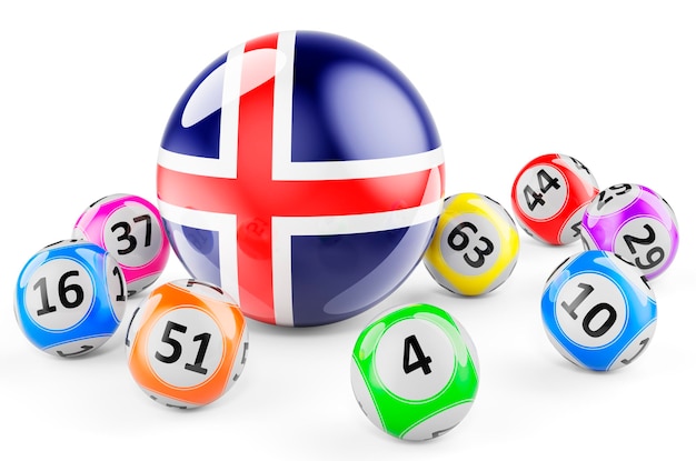 Palle del lotto con bandiera islandese Lotteria in Islanda concetto rendering 3D isolato su sfondo bianco