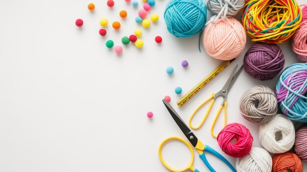 Palle di filato colorate con nastri di misura e pompon su uno sfondo bianco concetto di lavorazione artigianale