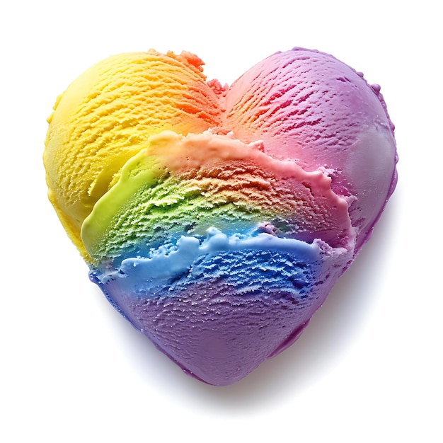 Palle di gelato a forma di cuore nei colori dell'arcobaleno su sfondo bianco isolate in stile realistico