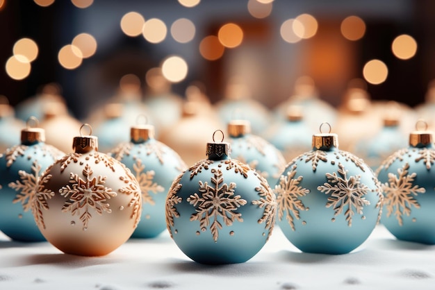 Palle di Natale chiare e blu sullo sfondo di luci bokeh