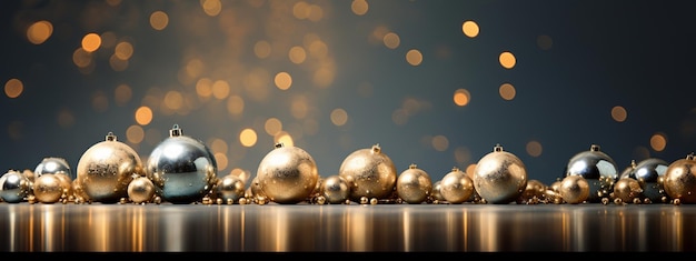 palle di Natale dorate e d'argento su sfondo bokeh