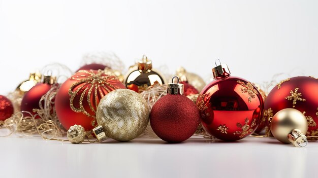 Palle di Natale e decorazioni su uno sfondo bianco nella celebrazione festiva