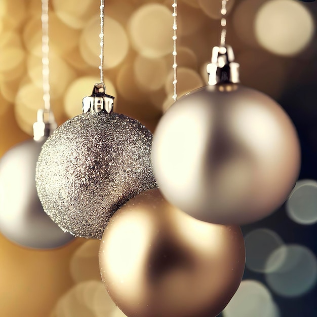 Palle di Natale in argento e oro appese con sfondo sfocato di luci