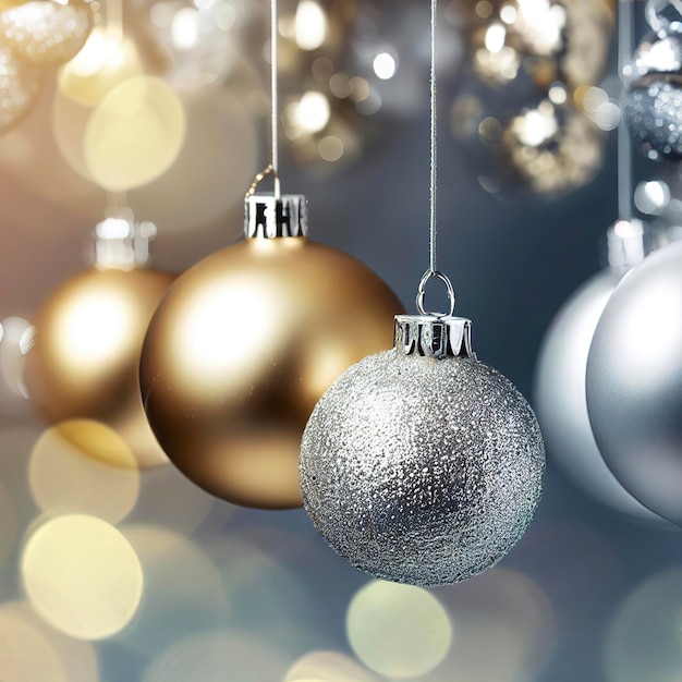 Palle di Natale in argento e oro appese con sfondo sfocato di luci