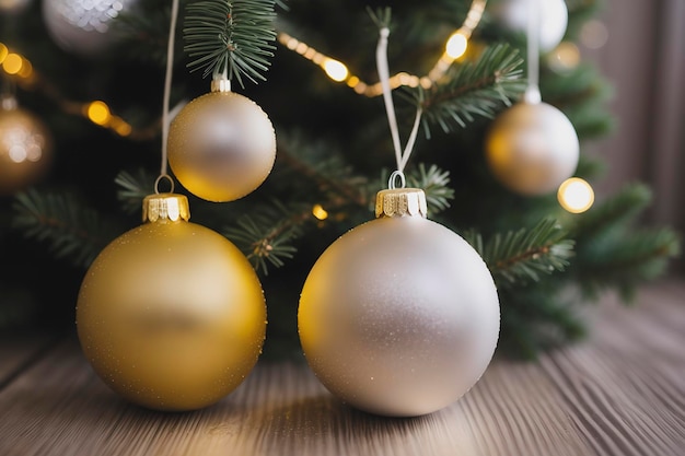 Palle di Natale in argento e oro appese con sfondo sfocato di luci