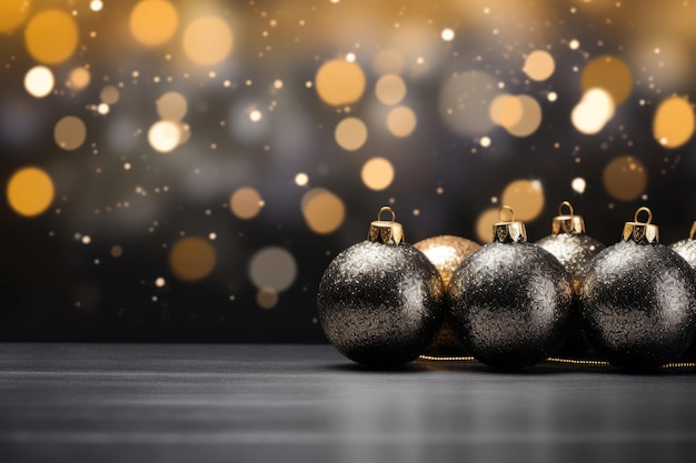 Palle di Natale nere con ornamenti marroni e fiocchi su sfondo glitter bokeh Concetto di vacanze di Natale e decorazioni festive Illustrazione AI generativa