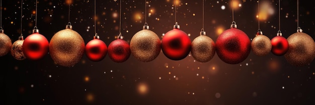 Palle di Natale rosse e oro appese con sfondo sfocato di luci