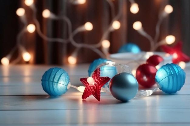 Palle di Natale su un tavolo di legno con luci sullo sfondo