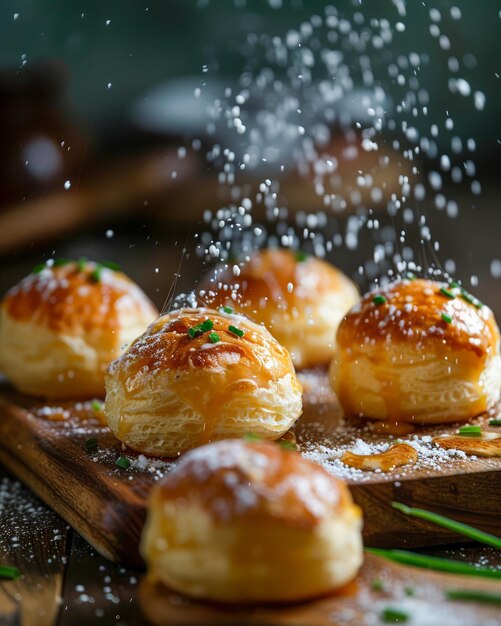 Palle di pasticceria d'oro appena cotte spruzzate di zucchero in polvere su tavole di legno Artisan